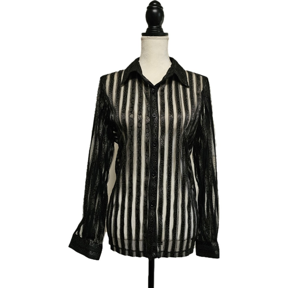 Black Sheer Animal Print Stripe Button Front Top Sz‎ 10 Whimsigoth Witchy Grunge